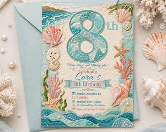 Invitación de cumpleaños número 8 con temática oceánica, invitación para fiesta playera con conchas marinas, plantilla digital editable con temática costera bajo el mar.