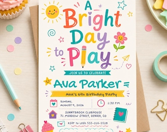 Bright Day to Play Birthday Invitation Template, Editable Colorful Kids Birthday Party Invite, Fun School Theme Digital Download
