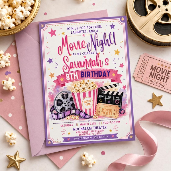 Movie Night Birthday Invitation, Girls Pink Purple Cinema Party Invite, Popcorn Movie Ticket Birthday Party, Editable Digital Template