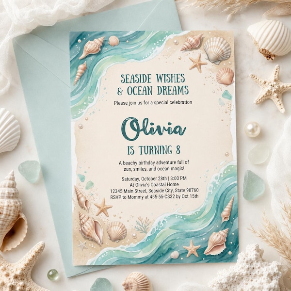 Seaside Wishes Ocean Dreams Birthday Invitation Canva Template (Digital Template)