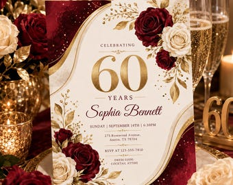Invitación elegante para el 60 cumpleaños, invitación floral en tonos burdeos y dorado, celebración de un hito importante para adultos, descarga digital editable.