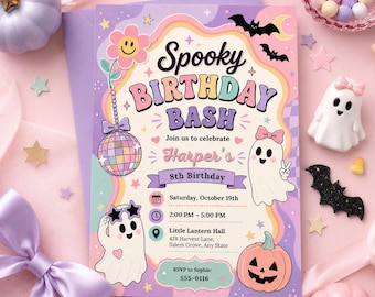 May include: A rectangular invitation card for a Spooky Birthday Bash featuring pastel colors, a disco ball, two ghosts, a jack-o'-lantern, and a flower with a smiley face. The text includes Harper's 8th Birthday, Saturday, October 19th, 2:00 PM - 5:00 PM, Little Lantern Hall, 428 Harvest Lane, Salem Grove, Any State, and RSVP to Sophie: 555-0116.