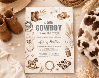 Plantilla de invitación para baby shower con temática vaquera, "Un pequeño vaquero está en camino", estilo salvaje oeste, digital o impresa, BA-11023