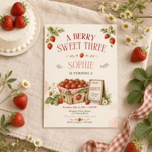 May include: A rectangular birthday invitation card featuring the text A BERRY SWEET THREE SOPHIE IS TURNING 3, decorated with illustrations of strawberries, white flowers, and a wooden crate of berries with a sign reading FRESH BERRIES PICKED DAILY.