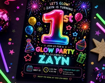 Glow Party 1st Birthday Invitation, Neon Glow in the Dark Party Invite, Rainbow First Birthday, Editable Canva Template
