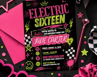 Invitación de cumpleaños Electric Sixteen, invitación para fiesta de 16 años en rosa neón, descarga digital de cumpleaños para adolescentes con diseño grunge de tablero de ajedrez