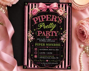 Pink Black Floral Birthday Invitation, Pretty Party Invite, 12th Birthday Celebration, Editable Digital Template