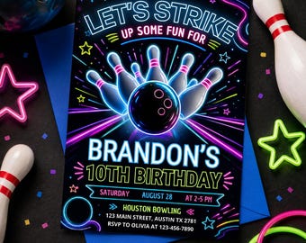Invitación de cumpleaños editable de bolos, invitación de bolos con brillo, fiesta con brillo neón, invitación de bolos para niños, ¡diviértete!, Canva editable