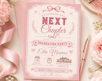 Invitación rosa para fiesta de graduación, invitación para el próximo capítulo de graduación, celebración de graduación con lazo, plantilla digital editable.