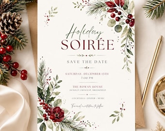 Op de afbeelding: Een witte rechthoekige uitnodigingskaart met de tekst Holiday SOIRÉE SAVE THE DATE, Saturday, December 13th, 7:00 PM, The Rowan House, 24 Holly Crescent, Brookfield, Cocktails, Dinner, Music, Formal invitation to follow, en florale illustraties.