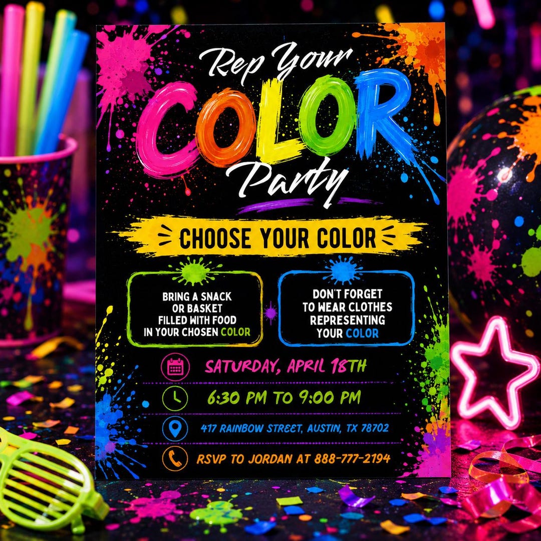 Color Party Invitation, Rep Your Color Party Invite, Neon Paint ...