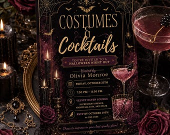 May include: A rectangular Halloween party invitation card with a black and dark purple background featuring gold text that reads Costumes & Cocktails, You're Invited to a Halloween Night Out, hosted by Olivia Monroe, with event details and date.