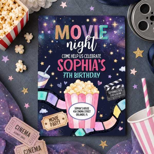 Movie Night 7th Birthday Invitation, Girls boys Cinema Birthday Party Invite, Popcorn Movie Party Digital Template Canva Template