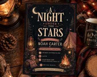 Campout Birthday Invitation, Night Under the Stars Party Invite, 7th Birthday Camping Party, Editable Digital Template
