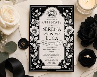 Invitación para fiesta de compromiso en blanco y negro, invitación vintage floral para velada de compromiso, plantilla digital editable