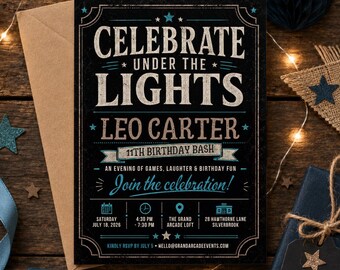 Celebrate Under the Lights Birthday Invitation, 11th Birthday Party Invite, Rustic Blue String Lights Editable Canva Template