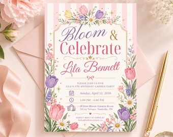 Floral Garden Birthday Invitation, Pink Tulip Girl Birthday Invite, Spring Garden Party, Editable Canva Template