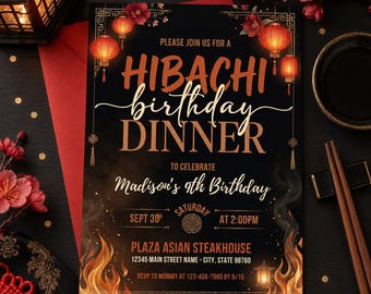 Hibachi Birthday Dinner Invitation, Asian Steakhouse Birthday Invite, Kids 9th Birthday Dinner Digital Template