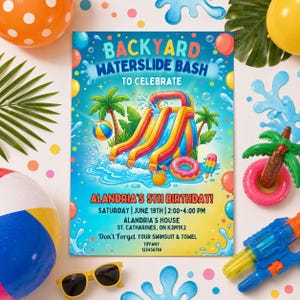 May include: A colorful invitation for a backyard waterslide bash. The design features a waterslide, palm trees, and water splashes. The text reads "Backyard Waterslide Bash" and "Alandria's 5th Birthday!" with event details.