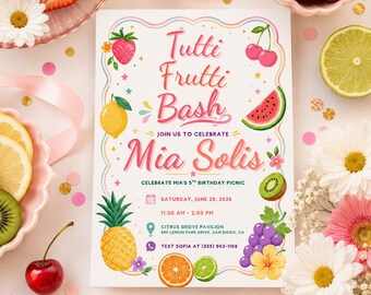 Tutti Frutti Birthday Invitation, Fruit Birthday Party Invite, Summer Picnic Party, Editable Canva Template, Girl Birthday Invite