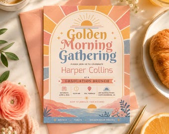 Invitación para brunch de graduación "Golden Morning", invitación retro para fiesta de graduación "Amanecer", plantilla digital editable.