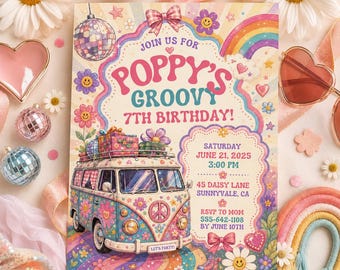 May include: A rectangular birthday invitation card featuring a colorful illustration of a vintage van with a peace sign, a rainbow, disco balls, and flowers. The text reads: JOIN US FOR POPPY'S GROOVY 7TH BIRTHDAY! SATURDAY JUNE 21, 2025 3:00 PM 45 DAISY LANE SUNNYVALE, CA RSVP TO MOM 555-642-1108 BY JUNE 10TH.