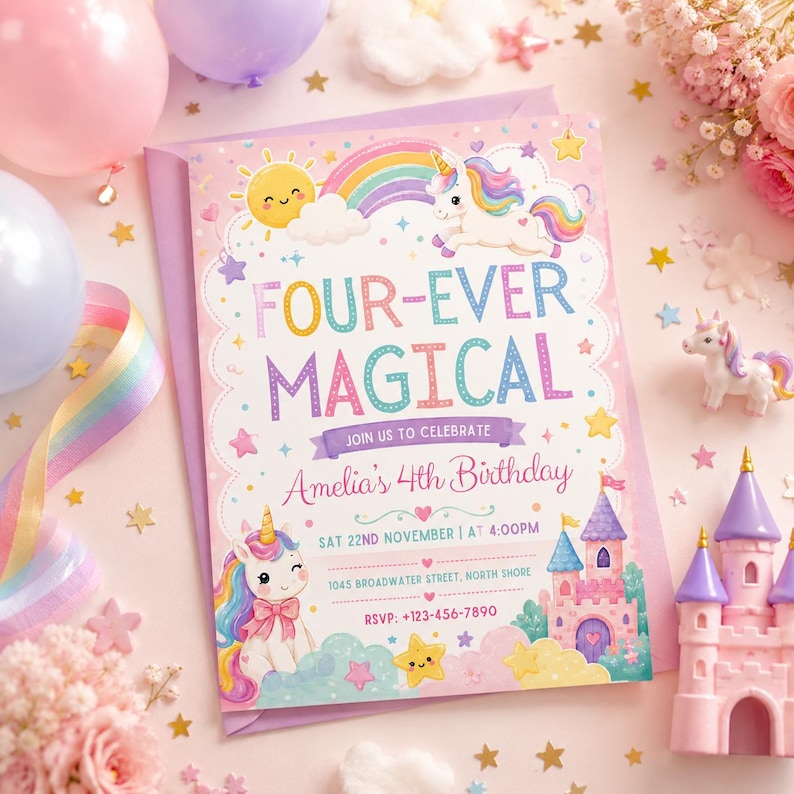 Unicorn 4th Birthday Invitation Canva, Four Ever Magical Rainbow Party ...