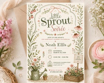 Invitación de cumpleaños para el segundo cumpleaños de Little Sprout Soiree, invitación a fiesta en el jardín de flores silvestres, plantilla editable para cumpleaños de niños pequeños.