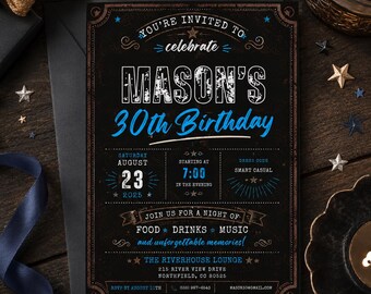 30th Birthday Invitation, Rustic Black Blue Party Invite, Vintage Adult Birthday, Editable Canva Template