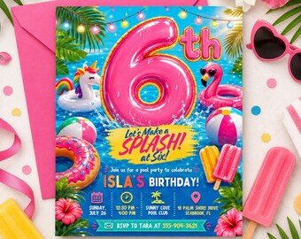 6th Birthday Pool Party Invitation, Pink Flamingo Unicorn Swim Party Invite, Tropical Splash Birthday, Editable Canva Template