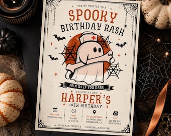 Spooky Birthday Invitation, Halloween Ghost Party Invite, Vintage 10th Birthday Party, Editable Digital Template