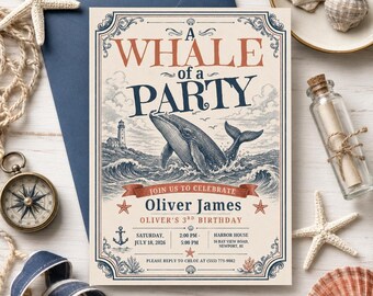Invitación de cumpleaños con temática de ballenas, invitación a una fiesta de ballenas, fiesta de cumpleaños náutica con temática oceánica, plantilla editable de Canva con estilo costero vintage
