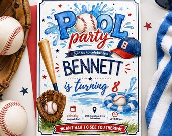 Plantilla de invitación de cumpleaños para fiesta de béisbol en la piscina, invitación editable de cumpleaños deportivo en la piscina, descarga digital para fiesta de béisbol de verano