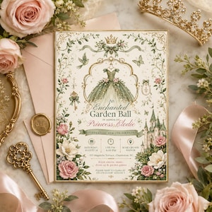 May include: A rectangular invitation card for an Enchanted Garden Ball in honor of Princess Elodie, featuring a central gown illustration, floral borders, a castle, and text details including date, time, location, and RSVP information.