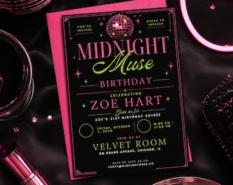 Midnight Muse Birthday Invitation, Neon Disco Party Invite, Black Pink 21st Birthday, Editable Canva Template
