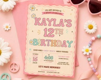 Groovy 12th Birthday Invitation, Retro Daisy Tween Party Invite, Pastel 70s Girl Birthday, Editable Canva Template