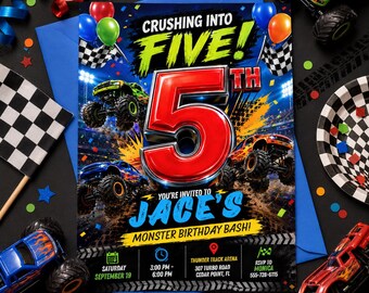 Invitación de cumpleaños número 5 con temática de Monster Truck, invitación para fiesta "Crushing Into Five", cumpleaños de carreras de camiones, plantilla editable de Canva.