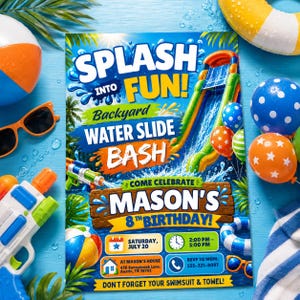 May include: A rectangular party invitation flyer titled Splash Into Fun! Backyard Water Slide Bash for Mason's 8th Birthday. The design features a water slide, balloons, and water gun graphics with event details for Saturday, July 20, 2:00 PM to 5:00 PM.