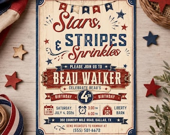 Plantilla de invitación de cumpleaños con estrellas, rayas y chispas, invitación patriótica editable para el cuarto cumpleaños, descarga digital para fiesta de estilo rústico americano.