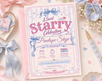 Pastel Starry 8th Birthday Invitation, Pink Blue Bow Party Invite, Coquette Girl Birthday, Editable Canva Template