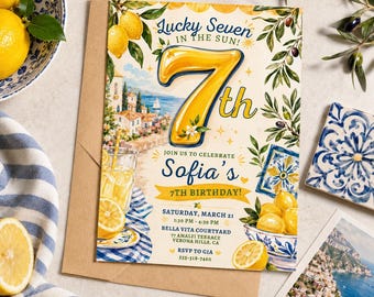 Lucky Seven Birthday Invitation, Lemon Italian Birthday Party Invite, Amalfi Coast 7th Birthday, Editable Canva Template