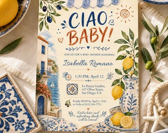 Invitación para baby shower Ciao, invitación para baby shower con diseño de limón mediterráneo, plantilla de Canva de la costa amalfitana italiana, invitación digital azul y amarilla
