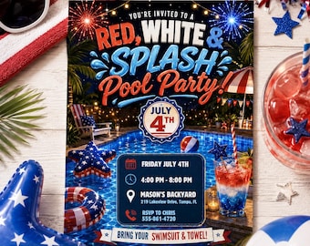4th of July Pool Party Invitation, Editable Red White and Splash Invite, Patriotic Summer Pool Party, Digital Canva Template
