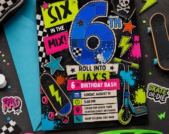 Invitación de cumpleaños número 6 con temática de skate, invitación para fiesta de patineta y scooter, cumpleaños con grafiti neón, plantilla editable de Canva.