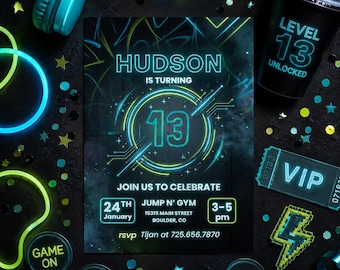 Neon 13th Birthday Invitation, Glow Party Invite, Teen Birthday Party, Gaming Laser Tag Canva Template
