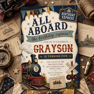 May include: A rectangular birthday invitation card featuring a vintage steam locomotive illustration, bunting flags, and the text ALL ABOARD the birthday express! GRAYSON IS TURNING FIVE, with event details including July 24 at 12 PM, Dallas, Texas.