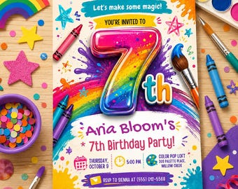 Art Birthday Invitation, Rainbow Paint Splash 7th Birthday Party Invite, Editable Digital Template