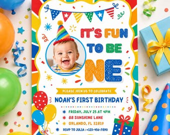 May include: A colorful birthday invitation with the text "IT'S FUN TO BE ONE" and a photo of a smiling baby wearing a party hat. The invitation includes details for Noah's first birthday, with balloons and confetti.