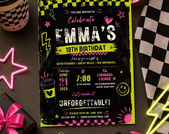 Invitación de cumpleaños número 18, invitación de fiesta estilo grunge neón, tablero de ajedrez rosa y lima, plantilla digital editable