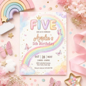 May include: A pastel-colored birthday invitation with the word "FIVE" in large letters, a rainbow, and butterflies. The invitation reads "Amelia's 5th Birthday" and includes event details. Decorative elements include wooden rainbow and star-shaped accents.